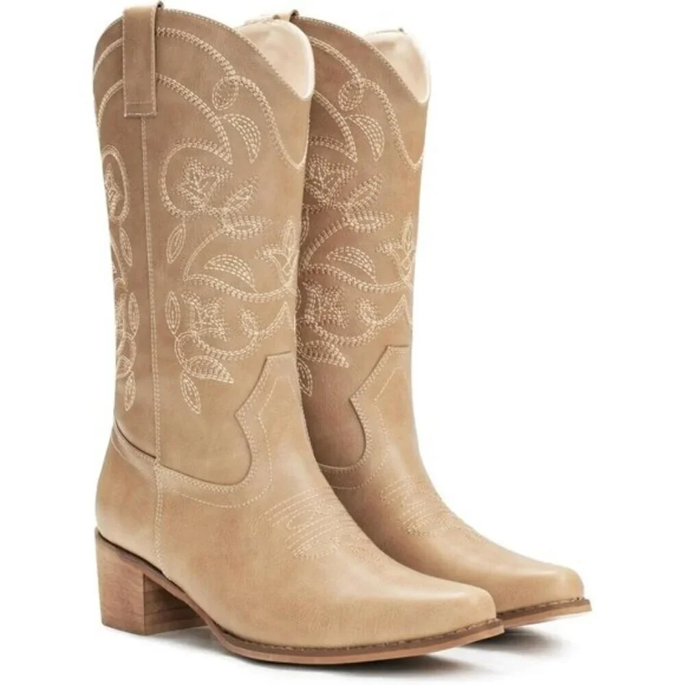 ⭐ IUV Women's Cowboy Boots | Pointy Toe Western Mid-Calf Cowgirl Boots